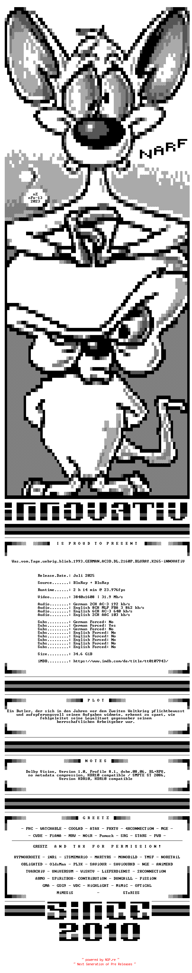 NFO for the release Was.vom.Tage.uebrig.blieb.1993.GERMAN.AC3D.DL.2160P.BLURAY.X265-iNNOVATiV by iNNOVATiV