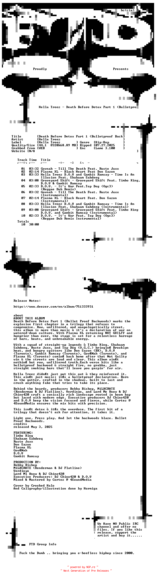 NFO for the release Hella_Treez-Death_Before_Detox_Part_1_(Bulletproof_Backwoods)-WEB-2025-FTD by FTD
