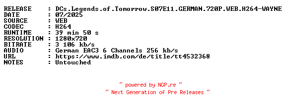 NFO for the release DCs.Legends.of.Tomorrow.S07E11.GERMAN.720P.WEB.H264-WAYNE by WAYNE