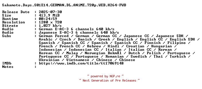 NFO for the release Sakamoto.Days.S01E14.GERMAN.DL.ANiME.720p.WEB.H264-FWB by FWB