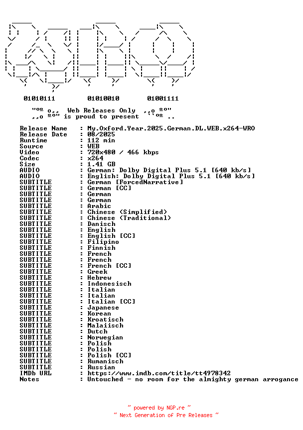 NFO for the release My.Oxford.Year.2025.German.DL.WEB.x264-WRO by WRO