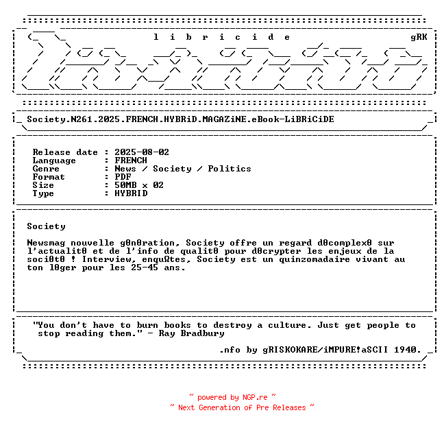 NFO for the release Society.N261.2025.FRENCH.HYBRiD.MAGAZiNE.eBook-LiBRiCiDE by LiBRiCiDE