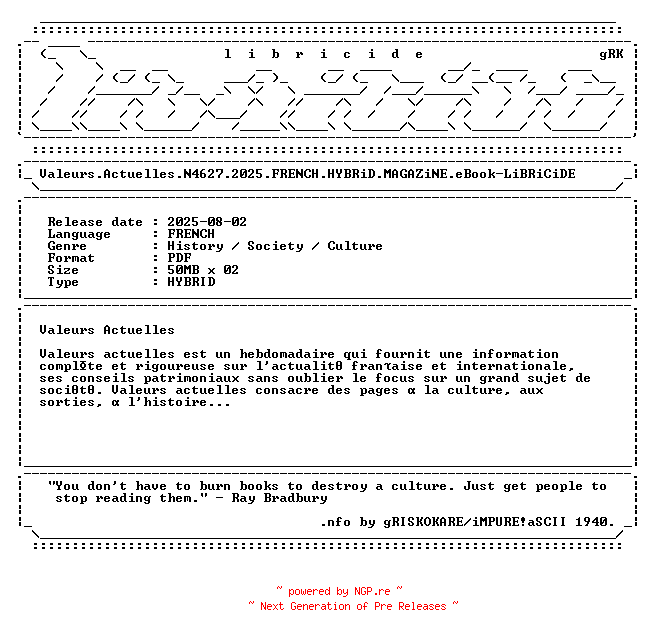 NFO for the release Valeurs.Actuelles.N4627.2025.FRENCH.HYBRiD.MAGAZiNE.eBook-LiBRiCiDE by LiBRiCiDE