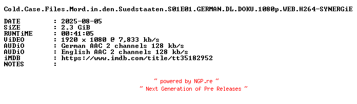 NFO for the release Cold.Case.Files.Mord.in.den.Suedstaaten.S01E01.GERMAN.DL.DOKU.1080p.WEB.H264-SYNERGiE by SYNERGiE