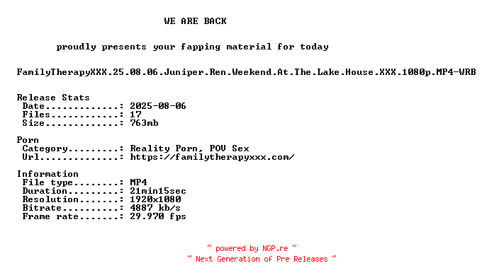 NFO for the release FamilyTherapyXXX.25.08.06.Juniper.Ren.Weekend.At.The.Lake.House.XXX.1080p.MP4-WRB by WRB