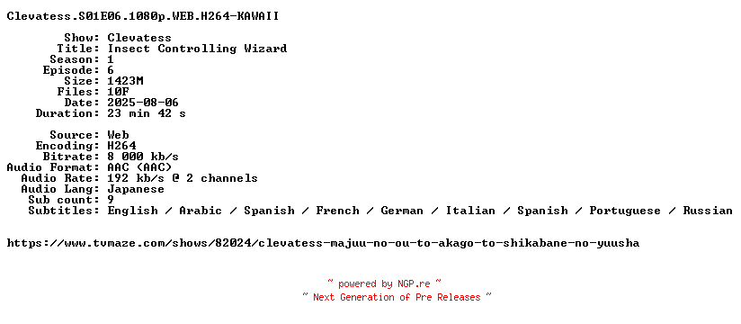 NFO for the release Clevatess.S01E06.1080p.WEB.H264-KAWAII by KAWAII