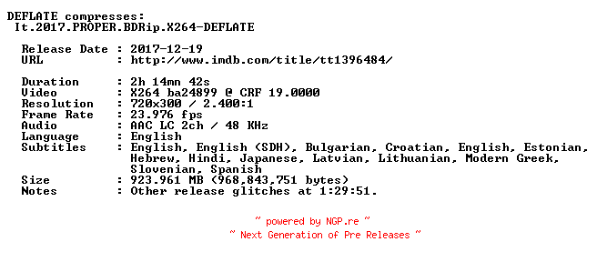 NFO for the release It.2017.PROPER.BDRip.X264-DEFLATE by DEFLATE