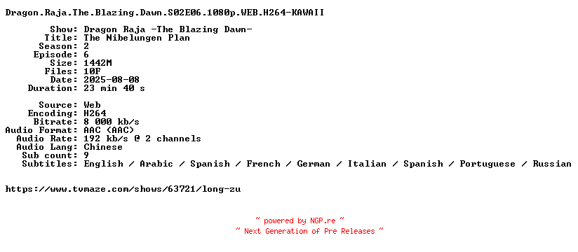 NFO for the release Dragon.Raja.The.Blazing.Dawn.S02E06.1080p.WEB.H264-KAWAII by KAWAII