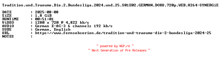 NFO for the release Tradition.und.Traeume.Die.2.Bundesliga.2024.und.25.S01E02.GERMAN.DOKU.720p.WEB.H264-SYNERGiE by SYNERGiE
