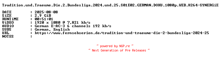 NFO for the release Tradition.und.Traeume.Die.2.Bundesliga.2024.und.25.S01E02.GERMAN.DOKU.1080p.WEB.H264-SYNERGiE by SYNERGiE