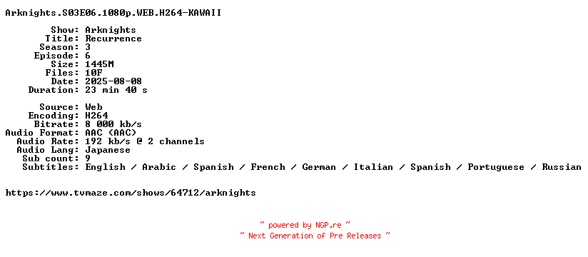 NFO for the release Arknights.S03E06.1080p.WEB.H264-KAWAII by KAWAII