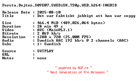 NFO for the release Forsta.Dejten.S09E07.SWEDiSH.720p.WEB.h264-INGRID by INGRID