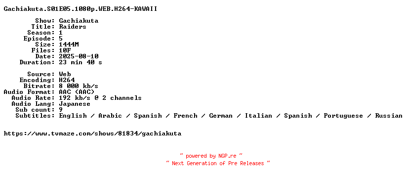 NFO for the release Gachiakuta.S01E05.1080p.WEB.H264-KAWAII by KAWAII
