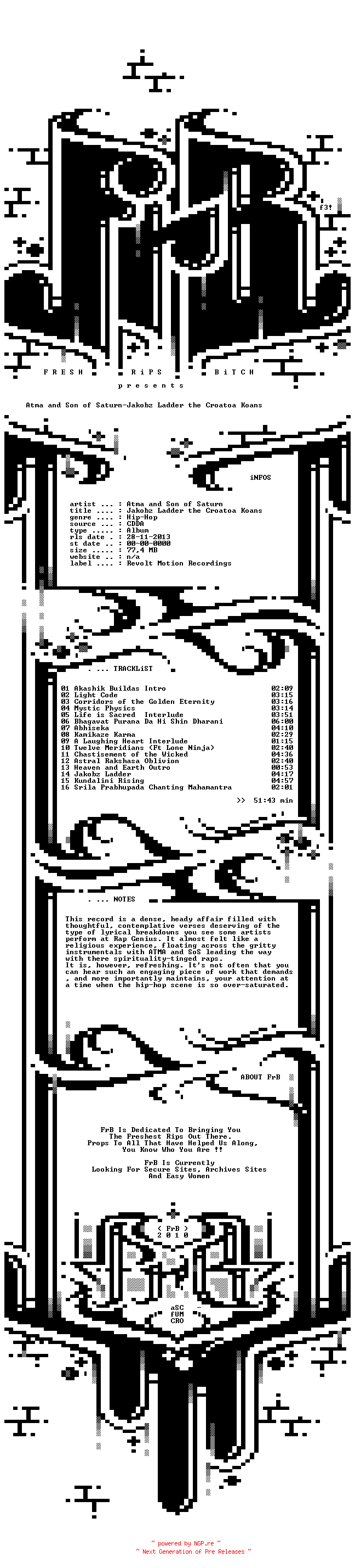 NFO for the release atma_and_son_of_saturn-jakobz_ladder_the_croatoa_koans-2013-frb by frb