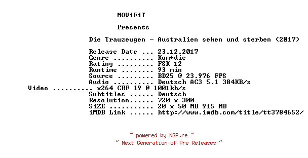 NFO for the release Die.Trauzeugen.Australien.sehen.und.sterben.2017.German.BDRiP.x264-MOViEiT by MOViEiT