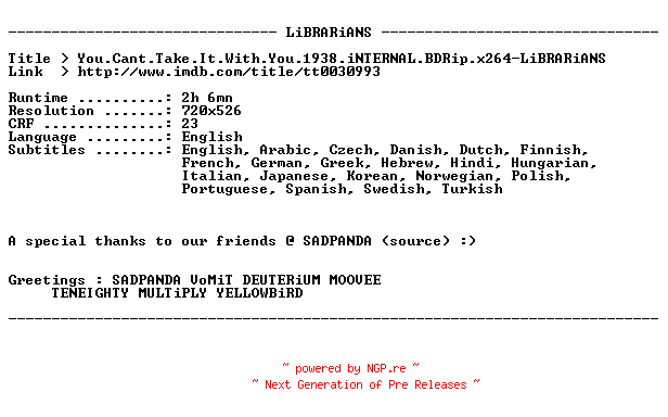 NFO for the release You.Cant.Take.It.With.You.1938.iNTERNAL.BDRip.x264-LiBRARiANS by LiBRARiANS