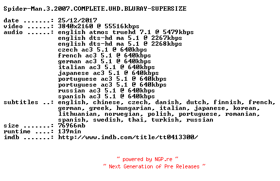 NFO for the release Spider-Man.3.2007.COMPLETE.UHD.BLURAY-SUPERSIZE by SUPERSIZE