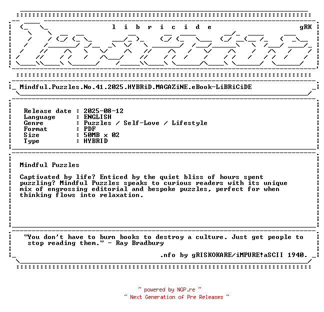 NFO for the release Mindful.Puzzles.No.41.2025.HYBRiD.MAGAZiNE.eBook-LiBRiCiDE by LiBRiCiDE