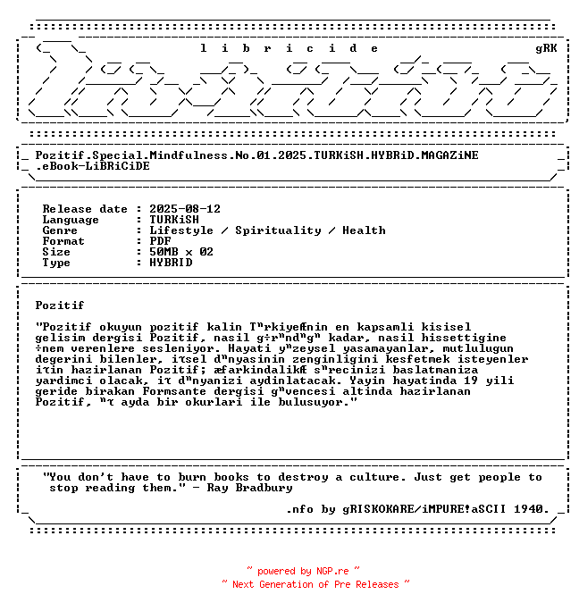 NFO for the release Pozitif.Special.Mindfulness.No.01.2025.TURKiSH.HYBRiD.MAGAZiNE.eBook-LiBRiCiDE by LiBRiCiDE