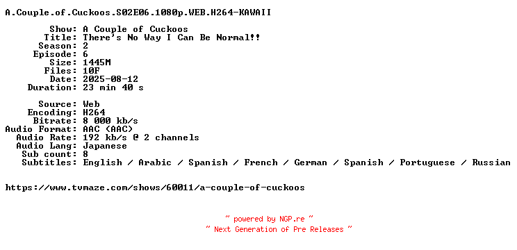 NFO for the release A.Couple.of.Cuckoos.S02E06.1080p.WEB.H264-KAWAII by KAWAII