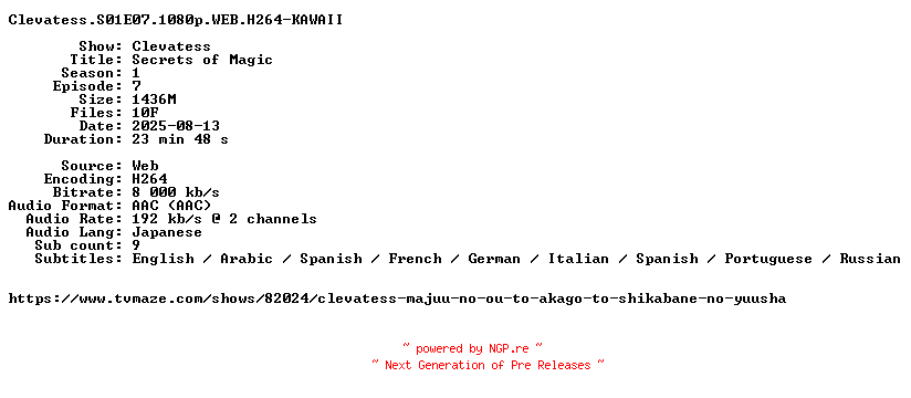 NFO for the release Clevatess.S01E07.1080p.WEB.H264-KAWAII by KAWAII