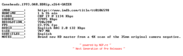 NFO for the release Coneheads.1993.OAR.BDRip.x264-GAZER by GAZER
