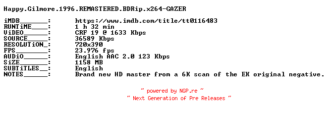 NFO for the release Happy.Gilmore.1996.REMASTERED.BDRip.x264-GAZER by GAZER