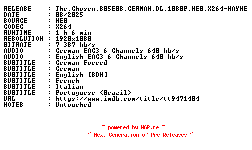 NFO for the release The.Chosen.S05E08.GERMAN.DL.1080P.WEB.X264-WAYNE by WAYNE