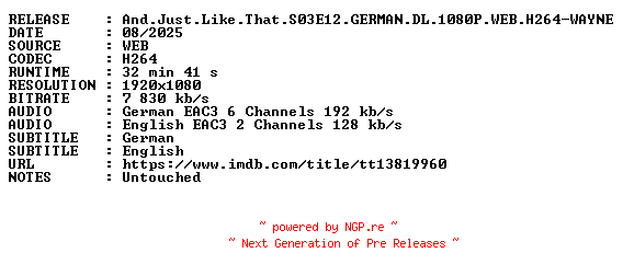 NFO for the release And.Just.Like.That.S03E12.GERMAN.DL.1080P.WEB.H264-WAYNE by WAYNE