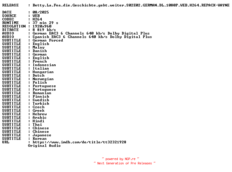 NFO for the release Betty.La.Fea.die.Geschichte.geht.weiter.S02E02.GERMAN.DL.1080P.WEB.H264.REPACK-WAYNE by WAYNE