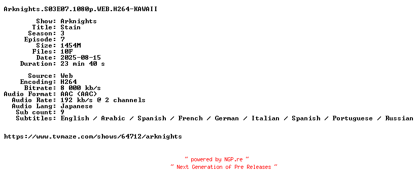 NFO for the release Arknights.S03E07.1080p.WEB.H264-KAWAII by KAWAII