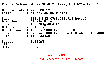 NFO for the release Forsta.Dejten.S09E08.SWEDiSH.1080p.WEB.h264-INGRID by INGRID