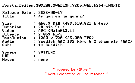 NFO for the release Forsta.Dejten.S09E08.SWEDiSH.720p.WEB.h264-INGRID by INGRID