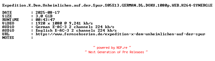 NFO for the release Expedition.X.Dem.Unheimlichen.auf.der.Spur.S05E13.GERMAN.DL.DOKU.1080p.WEB.H264-SYNERGiE by SYNERGiE