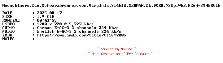 NFO for the release Moonshiners.Die.Schwarzbrenner.von.Virginia.S14E10.GERMAN.DL.DOKU.720p.WEB.H264-SYNERGiE by SYNERGiE