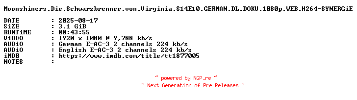 NFO for the release Moonshiners.Die.Schwarzbrenner.von.Virginia.S14E10.GERMAN.DL.DOKU.1080p.WEB.H264-SYNERGiE by SYNERGiE