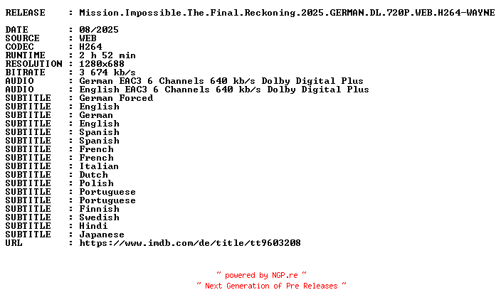 NFO for the release Mission.Impossible.The.Final.Reckoning.2025.GERMAN.DL.720P.WEB.H264-WAYNE by WAYNE