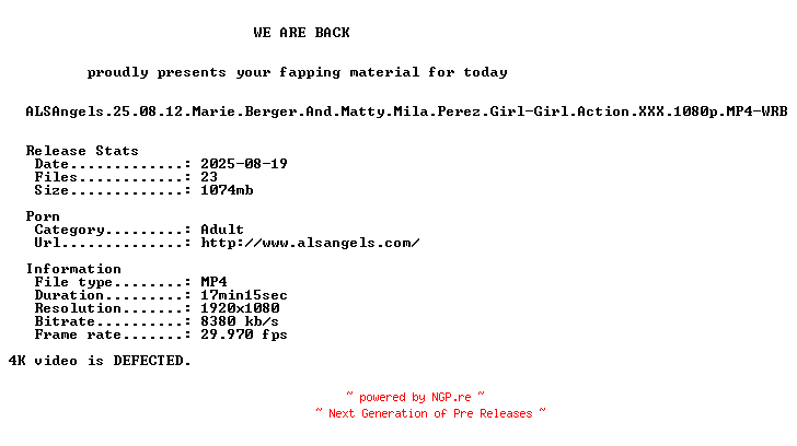 NFO for the release ALSAngels.25.08.12.Marie.Berger.And.Matty.Mila.Perez.Girl-Girl.Action.XXX.1080p.MP4-WRB by WRB