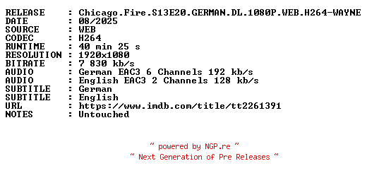 NFO for the release Chicago.Fire.S13E20.GERMAN.DL.1080P.WEB.H264-WAYNE by WAYNE