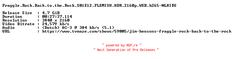 NFO for the release Fraggle.Rock.Back.to.the.Rock.S01E12.FLEMISH.HDR.2160p.WEB.h265-NLKIDS by NLKIDS