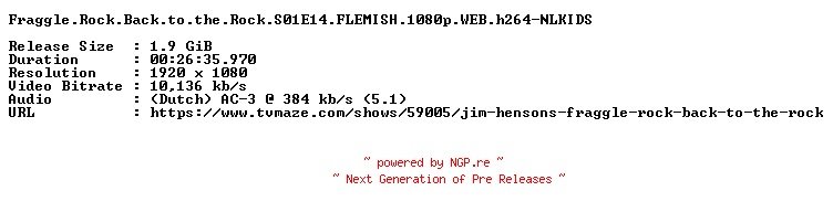 NFO for the release Fraggle.Rock.Back.to.the.Rock.S01E14.FLEMISH.1080p.WEB.h264-NLKIDS by NLKIDS