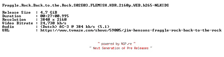 NFO for the release Fraggle.Rock.Back.to.the.Rock.S02E03.FLEMISH.HDR.2160p.WEB.h265-NLKIDS by NLKIDS