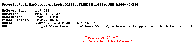 NFO for the release Fraggle.Rock.Back.to.the.Rock.S02E04.FLEMISH.1080p.WEB.h264-NLKIDS by NLKIDS