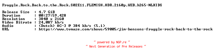 NFO for the release Fraggle.Rock.Back.to.the.Rock.S02E11.FLEMISH.HDR.2160p.WEB.h265-NLKIDS by NLKIDS