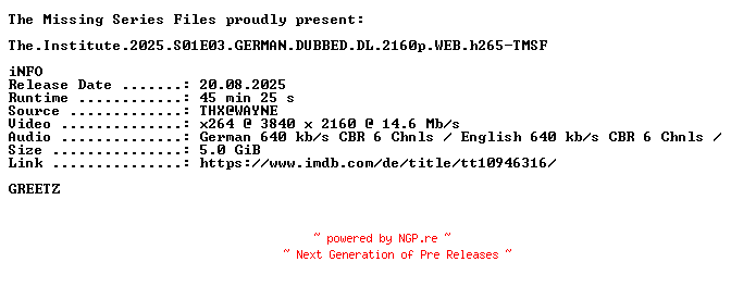 NFO for the release The.Institute.2025.S01E03.GERMAN.DUBBED.DL.2160p.WEB.h265-TMSF by TMSF
