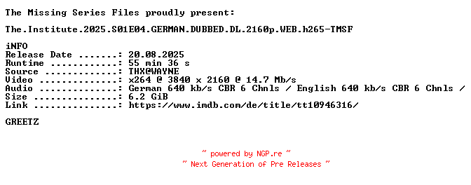 NFO for the release The.Institute.2025.S01E04.GERMAN.DUBBED.DL.2160p.WEB.h265-TMSF by TMSF