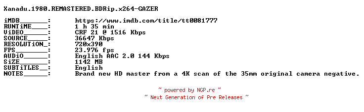 NFO for the release Xanadu.1980.REMASTERED.BDRip.x264-GAZER by GAZER