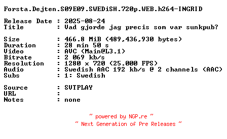 NFO for the release Forsta.Dejten.S09E09.SWEDiSH.720p.WEB.h264-INGRID by INGRID