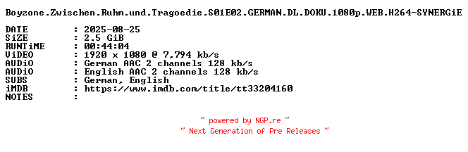 NFO for the release Boyzone.Zwischen.Ruhm.und.Tragoedie.S01E02.GERMAN.DL.DOKU.1080p.WEB.H264-SYNERGiE by SYNERGiE
