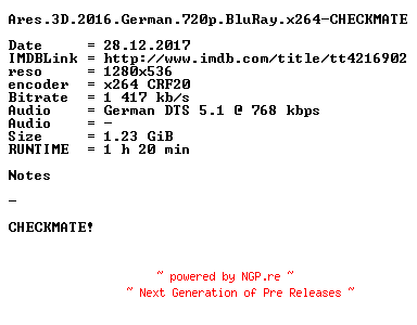 NFO for the release Ares.3D.2016.German.720p.BluRay.x264-CHECKMATE by CHECKMATE